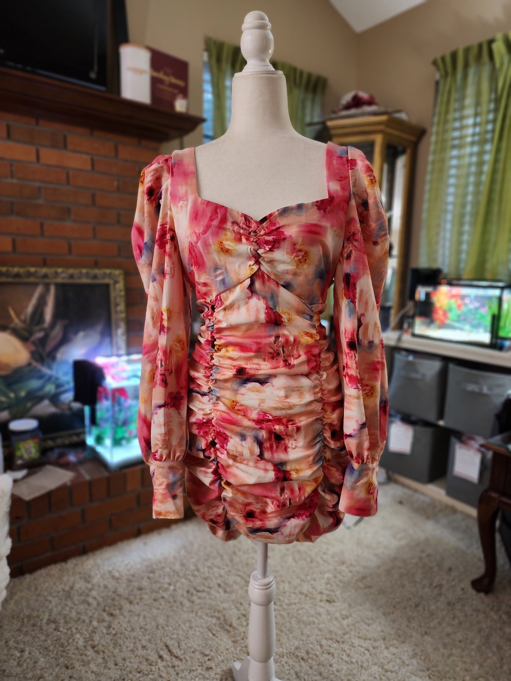 Ruched Floral Pink Long-Sleeve Mini Dress